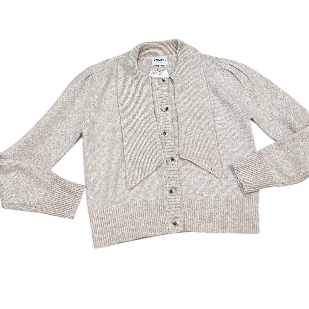 NWT FRNCH Paris perline creme knit button wool Cardigan Scarf puff sleeve medium - Picture 3 of 11